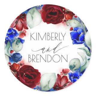 Burgundy Red and Navy Blue Floral Wreath Boho Chic Classic Round Sticker
