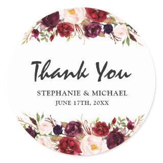Burgundy Red Floral Rustic Boho Thank You Classic Round Sticker