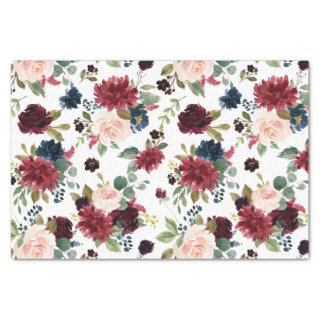 Burgundy Red Navy Blue Watercolor Flowers Tissue Paper