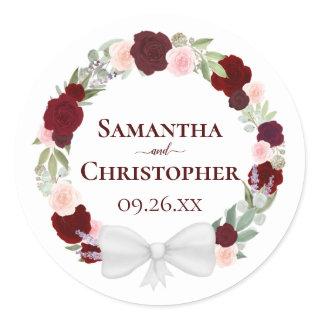 Burgundy Red & Pink Floral Wreath Wedding Classic Round Sticker