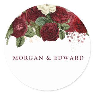 Burgundy Red White Floral wedding Engagement Classic Round Sticker