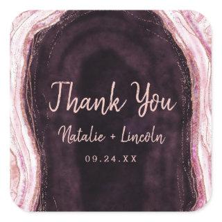 Burgundy & Rose Gold Geode Agate Wedding Thank You Square Sticker