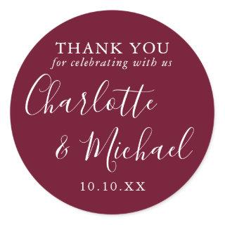 Burgundy Signature Wedding Favor Thank You Classic Round Sticker