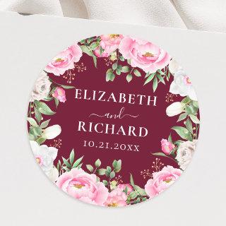 Burgundy Watercolor Floral Peony Elegant Wedding Classic Round Sticker