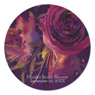 Burgundy Wine Floral Rose Purple Bridal Shower Classic Round Sticker