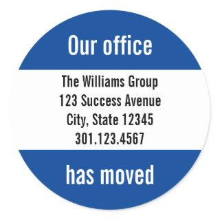 Business Dark Blue and White Moving Announcement Classic Round Sticker