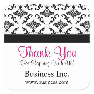 Business Thank You Black Damask Pink Square Sticker