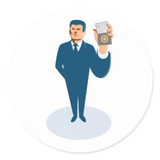 businessman secret agent showing id card badge wal classic round sticker