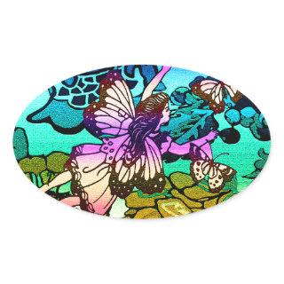 Butterflies, Flowers, Rainbow, Angel Oval Sticker