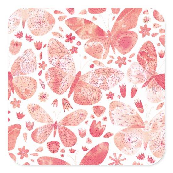 Butterflies Watercolor Coral Pink Square Sticker