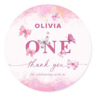 Butterfly 1st Birthday Pink Gold Dust Thank You  Classic Round Sticker