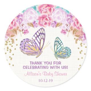 Butterfly baby shower stickers, pink teal gold classic round sticker