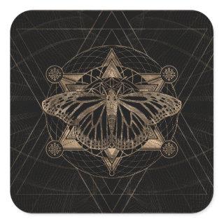 Butterfly in Sacred Geometry - Black and Gold Square Sticker
