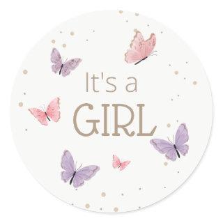 Butterfly It's a GIRL Baby Shower  Classic Round Sticker
