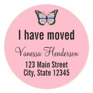 Butterfly on Custom Pink Moving Announcement Classic Round Sticker