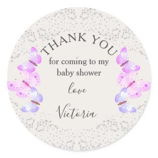 Butterfly Skies Pink Silver Confetti Thank You Classic Round Sticker