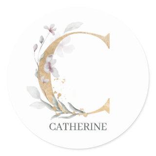 C Monogram Floral Personalized Classic Round Sticker