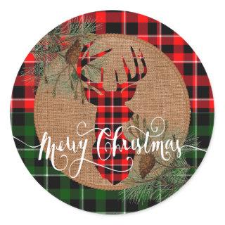 Cabin Style - A Plaid Deer Head on Burlap & Plaid Classic Round Sticker