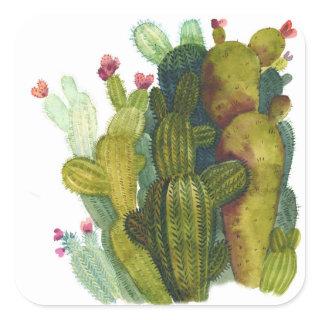 Cacti, succulents: vintage watercolor. square sticker