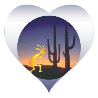 Cactus and Kokopelli Round Heart Sticker
