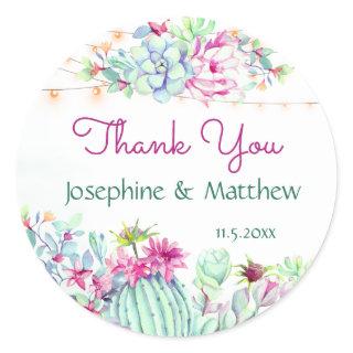 Cactus Succulents String Lights Wedding Thank You Classic Round Sticker