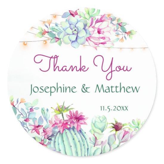 Cactus Succulents String Lights Wedding Thank You Classic Round Sticker