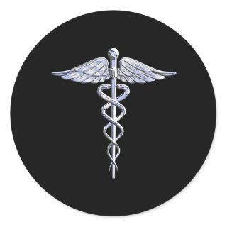 Caduceus Medical Symbol on Black Classic Round Sticker