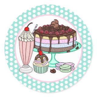 Cake, Cupcake, Milkshake and Macaroons   Classic Round Sticker