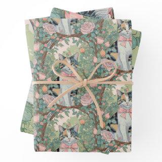 Calico cat at garden with flowers  sheets