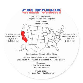 California American state on a map and useful info Classic Round Sticker