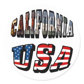California Picture and USA Flag Text Classic Round Sticker