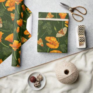 California poppies and moths on dark green