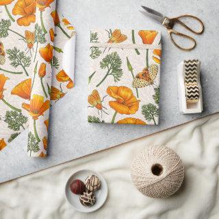 California poppies and moths on off white 2