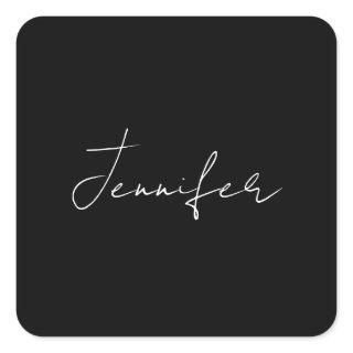 Calligraphy Elegant Black White Plain Simple Name Square Sticker