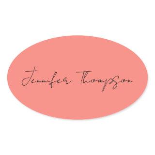 Calligraphy Elegant Coral Pink Plain Simple Name Oval Sticker