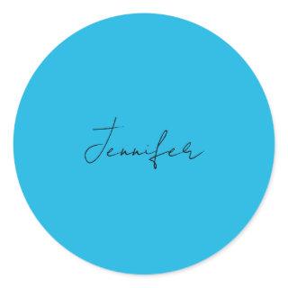 Calligraphy Elegant Plain Simple Name Blue Classic Round Sticker