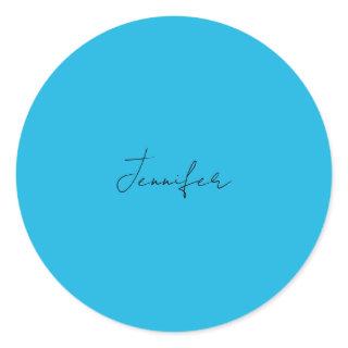 Calligraphy Elegant Plain Simple Name Blue Classic Round Sticker