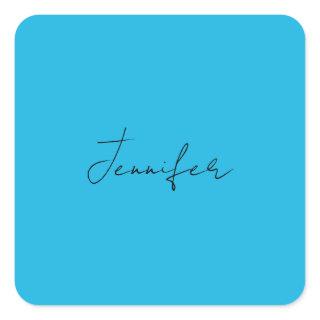 Calligraphy Elegant Plain Simple Name Blue Square Sticker