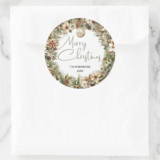Calligraphy font | earthy colors Christmas wreath Classic Round Sticker