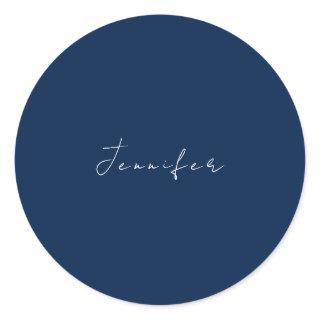 Calligraphy name professional plain dark blue classic round sticker