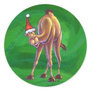 Camel Christmas On Green Classic Round Sticker