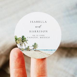 CANCUN Watercolor Beach Palm Tree Destination Classic Round Sticker