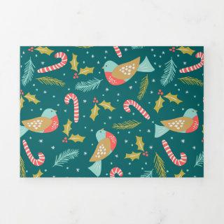 Candy Canes Holly Pine Boughs Birds Tri-Fold Holiday Card