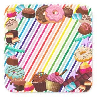 Candy theme, chocolate, food, donuts, rainbow part square sticker