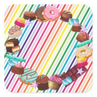 Candy theme, chocolate, food, donuts, rainbow part square sticker