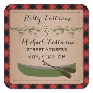 Canoe + Evergreen Branch Plaid Address Sticker