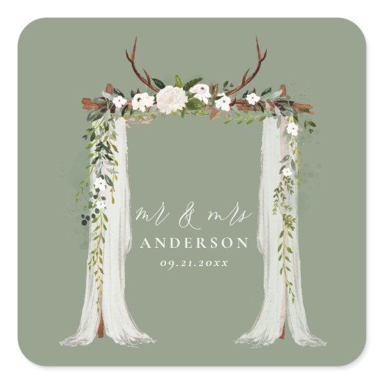 Canopy rustic botanical wedding mr and mrs script  square sticker