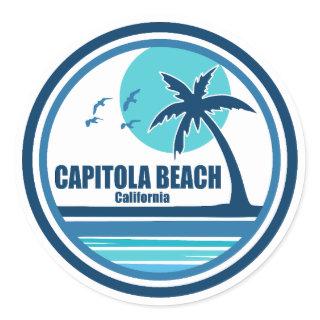 Capitola Beach California Palm Tree Birds Classic Round Sticker