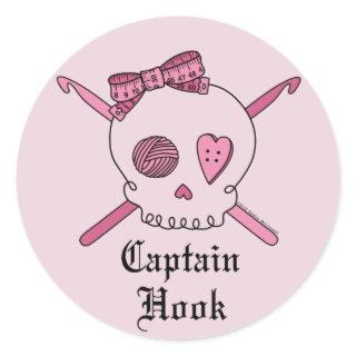 Captain Hook Skull & Crochet Hooks (Pink Back) Classic Round Sticker