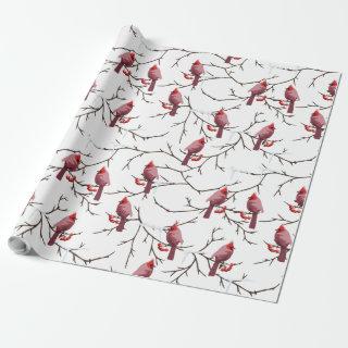 Cardinal Birds, Winter Cherries and Snow Pattern